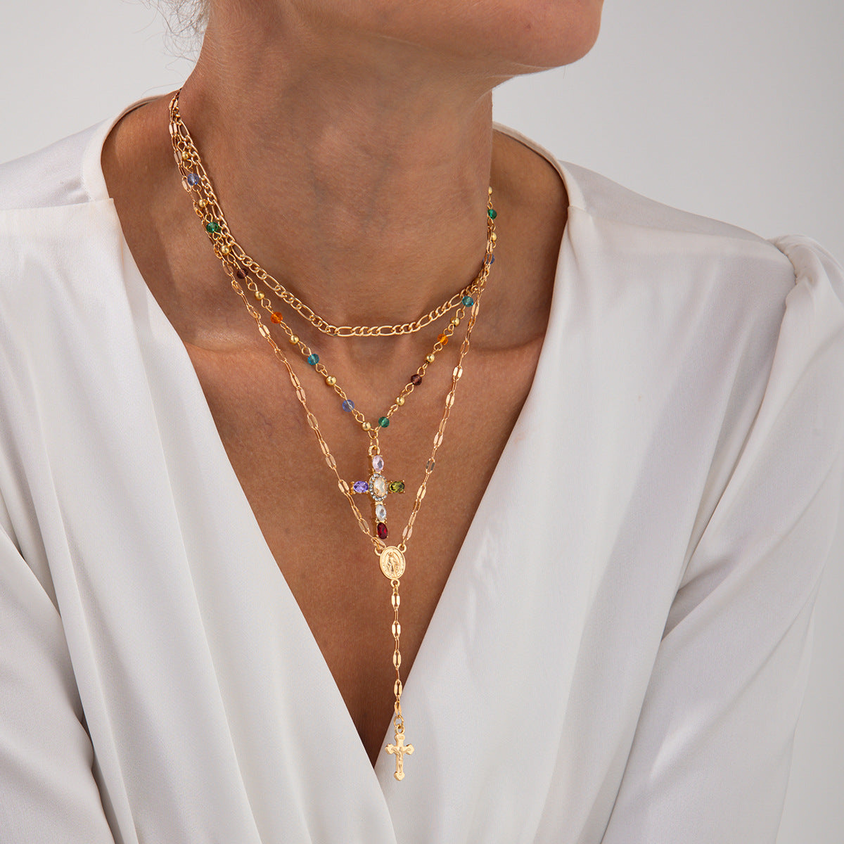 Wholesale Cross Colored Crystal Stacking Necklace